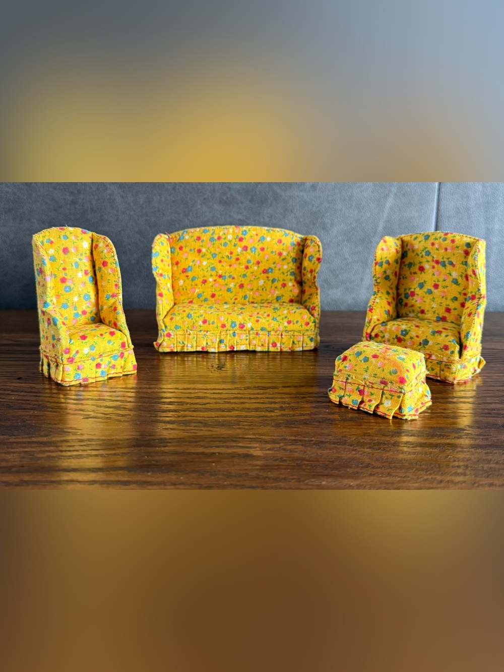 Antique Yellow Floral Dollhouse Miniature Sofa and Chair Set